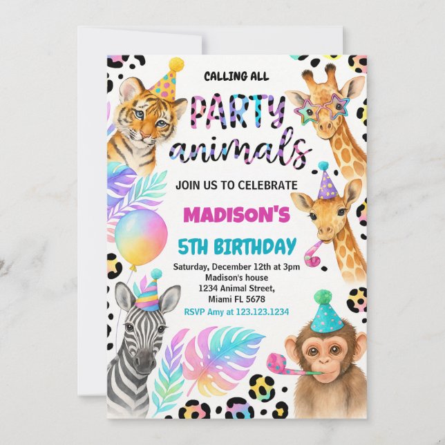Invitación de cumpleaños a los animales de Safari (Anverso)