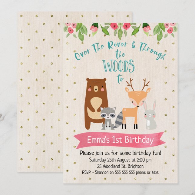 Invitación de cumpleaños a los animales de Woodlan (Anverso / Reverso)