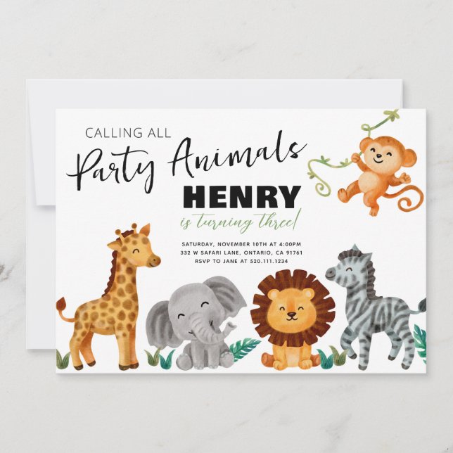 Invitación de cumpleaños a los animales Fiestas de (Anverso)