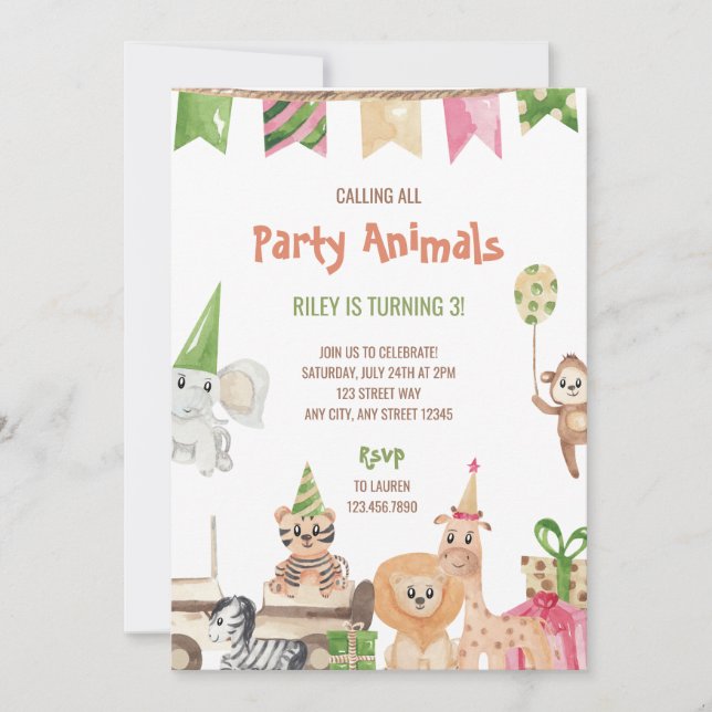 Invitación de cumpleaños a los animales Fiestas de (Anverso)
