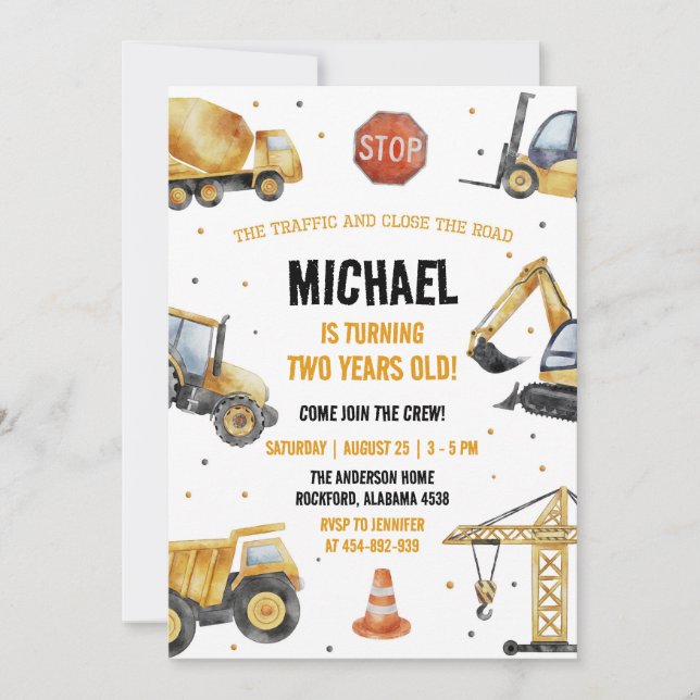 Invitación de cumpleaños a los camiones de constru (Anverso)