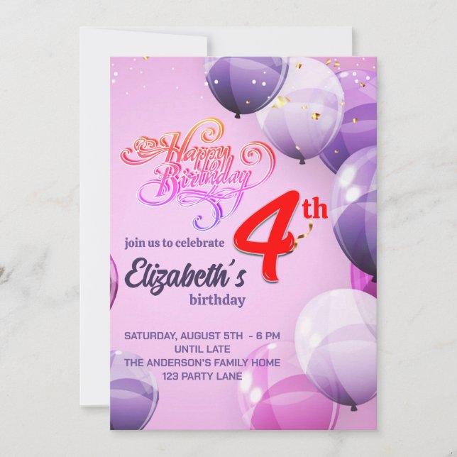 INVITACIÓN DE CUMPLEAÑOS A LOS CHICAS DE 4 AÑOS (Anverso)