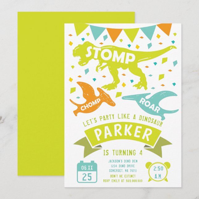Invitación de cumpleaños a los dinosaurios Colorid (Anverso / Reverso)