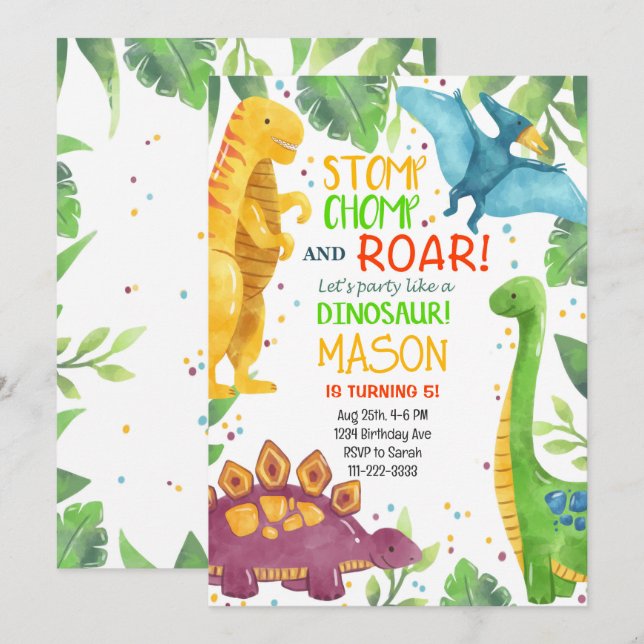 Invitación de cumpleaños a los dinosaurios de colo (Anverso / Reverso)
