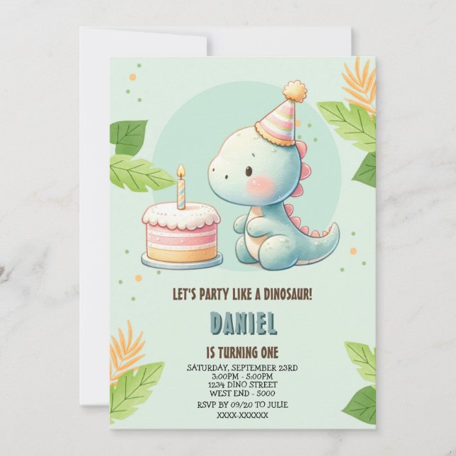 Invitación de cumpleaños a los dinosaurios de Cute (Anverso)