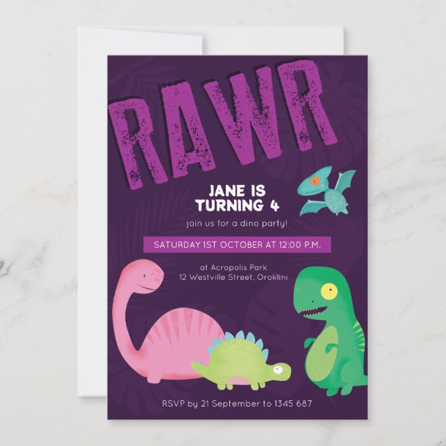 Invitación de cumpleaños a los dinosaurios morados (Anverso)