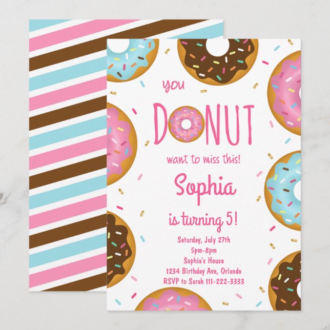 Invitación de cumpleaños a los donuts rosados y co (Anverso / Reverso)