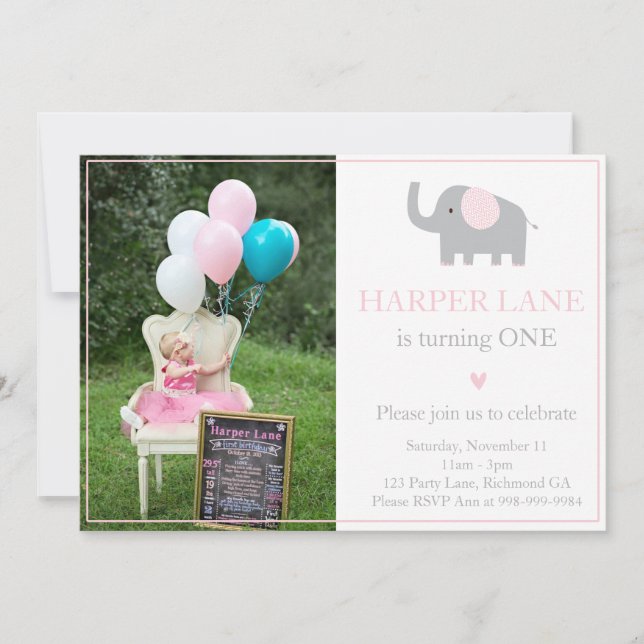 Invitación de cumpleaños a los elefantes rosados y (Anverso)