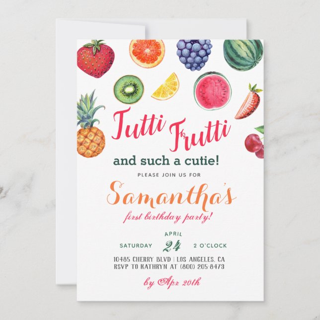 Invitación de cumpleaños a los Frutos Tutti Frutti (Anverso)