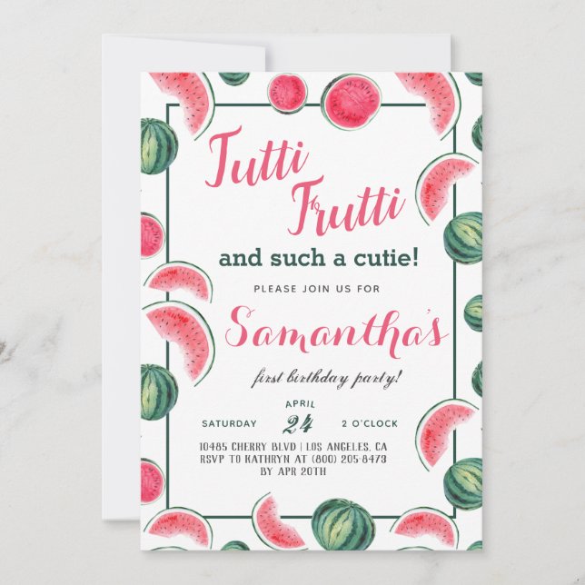 Invitación de cumpleaños a los Frutos Tutti Frutti (Anverso)