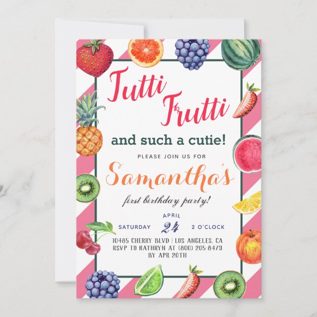 Invitación de cumpleaños a los Frutos Tutti Frutti (Anverso)