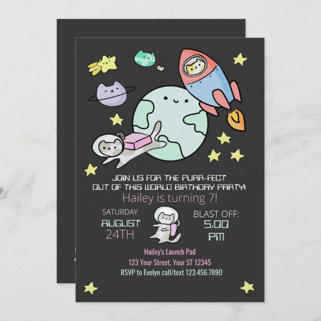 Invitación de cumpleaños a los gatos del espacio e (Anverso / Reverso)