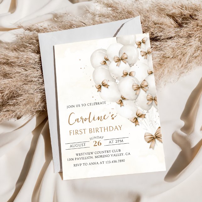 Invitación de cumpleaños a los globos Beige Bows (Subido por el creador)