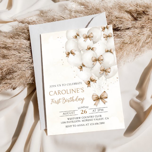 Invitación de cumpleaños a los globos Beige Bows (Subido por el creador)