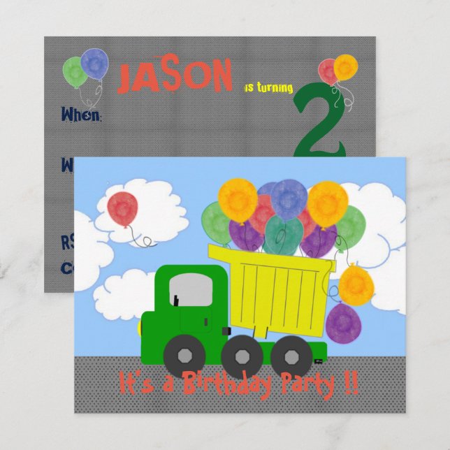 Invitación de cumpleaños a los globos de camión vo (Anverso / Reverso)