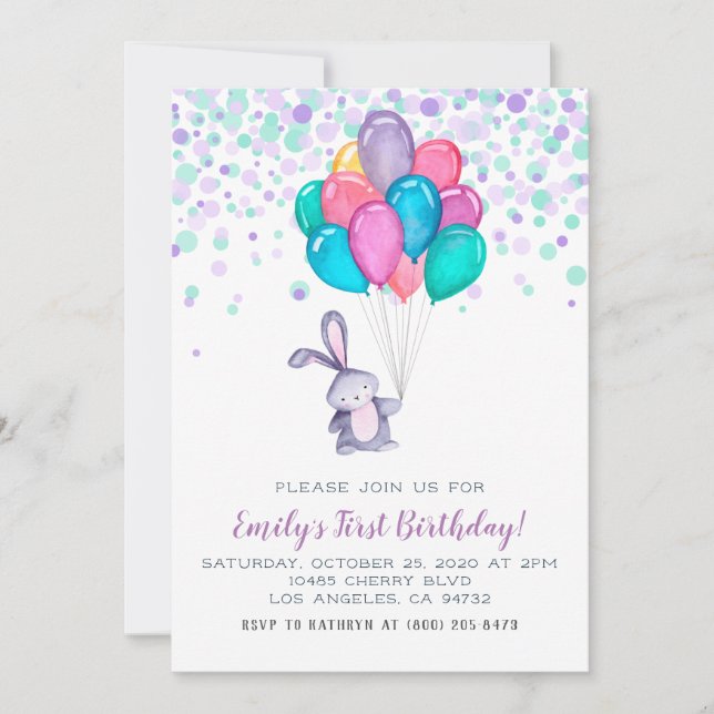 Invitación de cumpleaños a los globos de conejo co (Anverso)