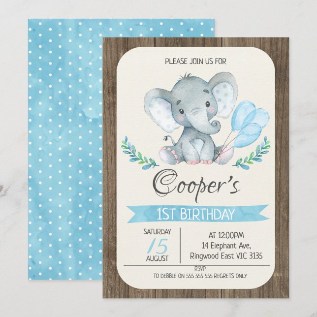 Invitación de cumpleaños a los globos elefantes (Anverso / Reverso)