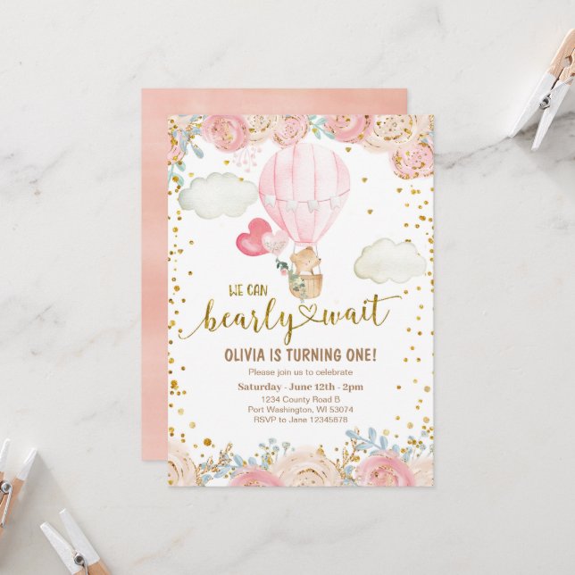 Invitación de cumpleaños a los globos rosados de  (Anverso/Reverso In Situ)