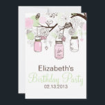 Invitación de cumpleaños a los jarrones de mason v<br><div class="desc">Invitación de cumpleaños de mason verde rosa y de menta de Rubor Invitación de cumpleaños ilustraciones femeninos y lindos de jarras de albañil marrón, rosa y verde menta, flores, cuerdas de corazón y aves amorosas. Esta caprichosa invitación es perfecta para duchas de primavera y verano, especialmente para fiestas "Sweet Sixteen"....</div>