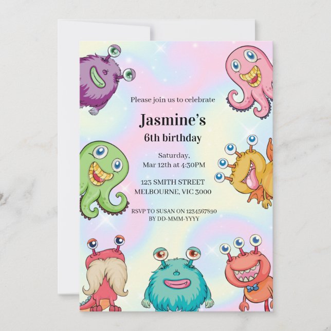 Invitación de cumpleaños a los Monstruos Mágicos (Anverso)