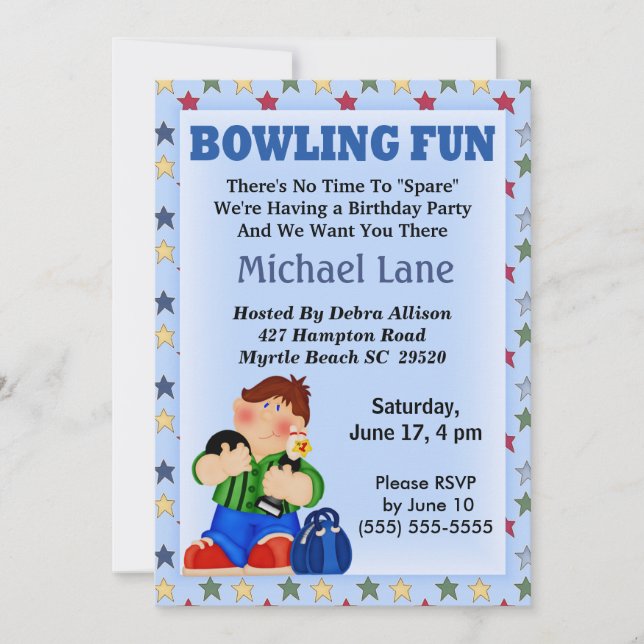 Invitación de cumpleaños a los niños a jugar bolos (Anverso)