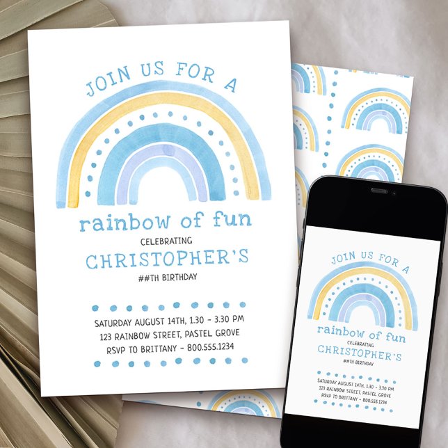 Invitación de cumpleaños a los niños de arte Rainb (Rainbow of Fun 1st birthday invitation)