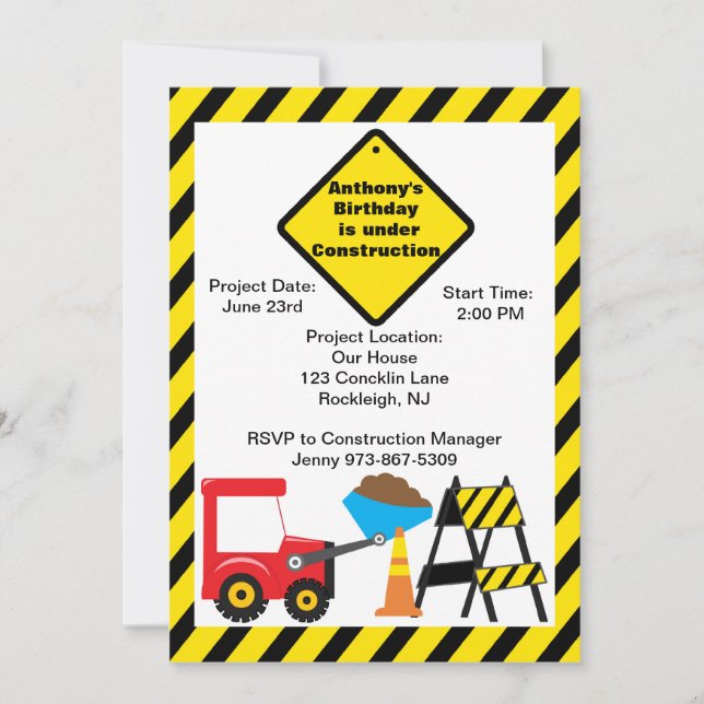Invitación de cumpleaños a los niños de la constru (Anverso)