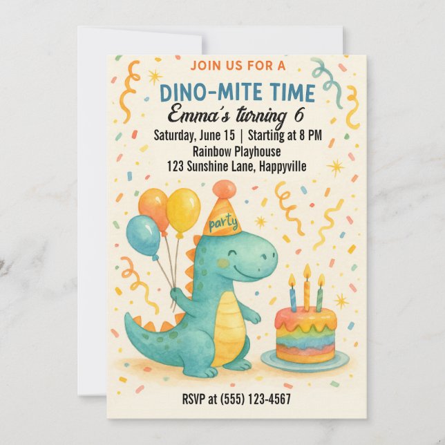 Invitación de cumpleaños a los niños de la Dinosau (Anverso)