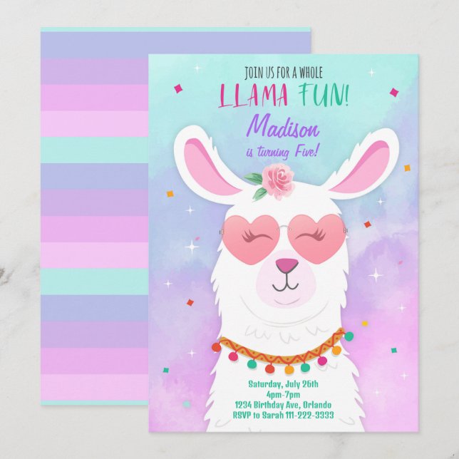 Invitación de cumpleaños a los niños de Llama de g (Anverso / Reverso)