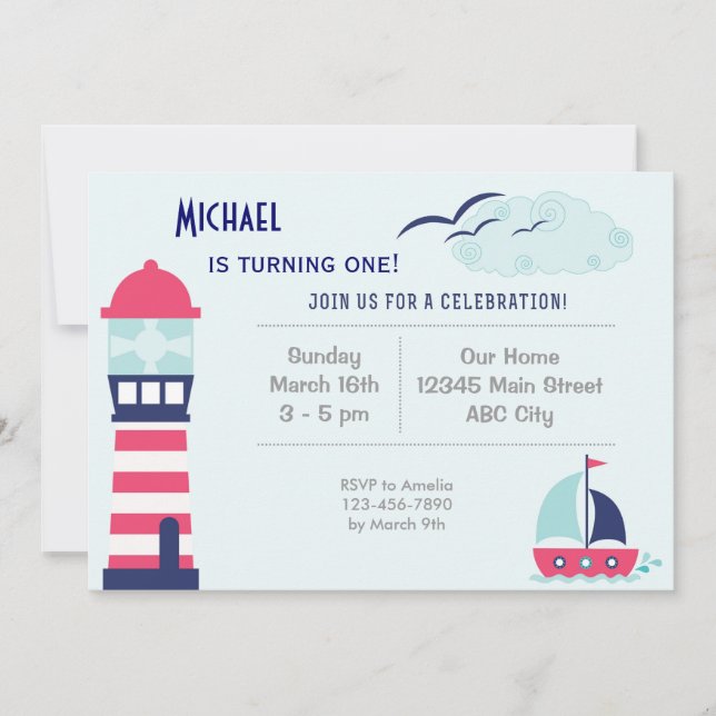 Invitación de cumpleaños a los niños en velero náu (Anverso)