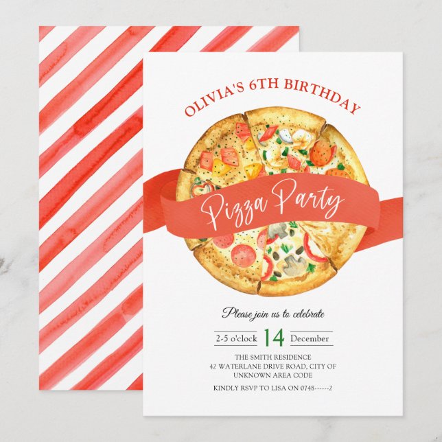Invitación de cumpleaños a los niños Fiestas Pizze (Anverso / Reverso)