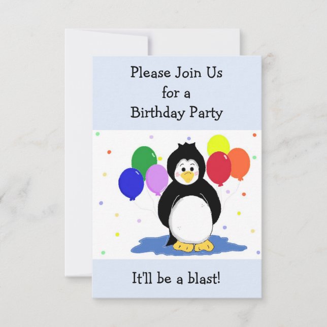 Invitación de cumpleaños a los pingüinos y globos (Anverso)