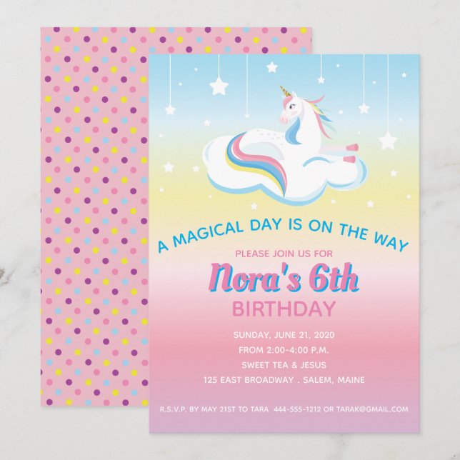 Invitación de cumpleaños a los sueños de Unicorn (Anverso / Reverso)