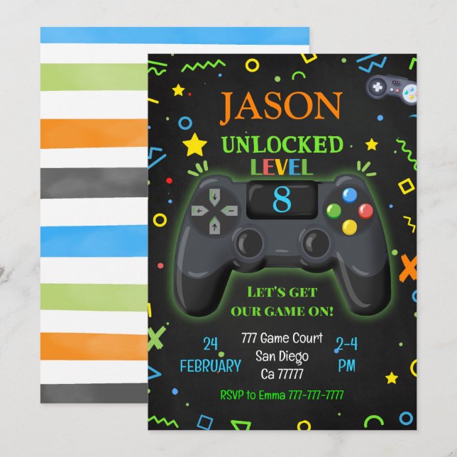 Invitación de cumpleaños a los videojuegos (Anverso / Reverso)