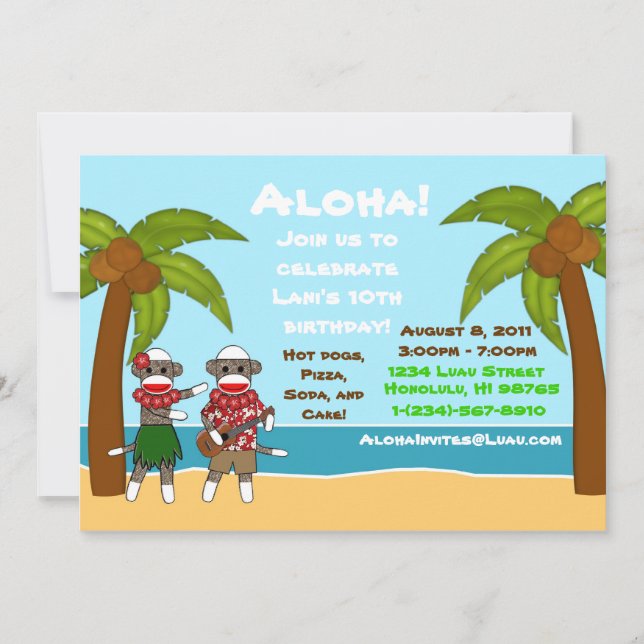 Invitación de cumpleaños a Luau de SockMonkey (Anverso)