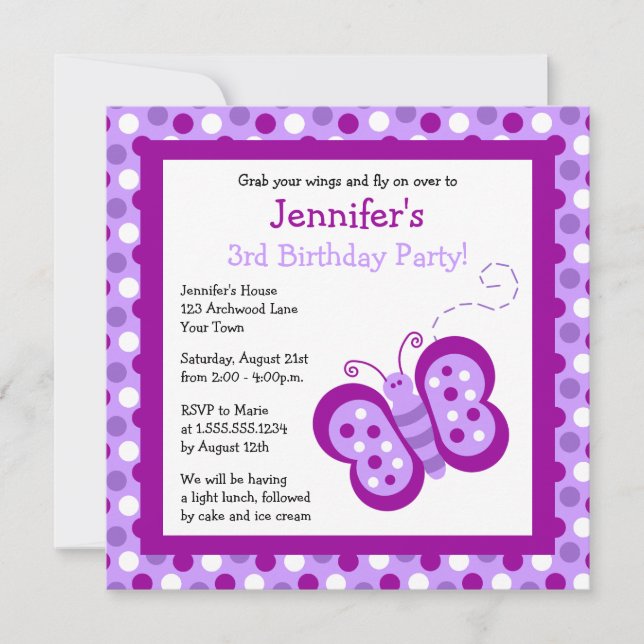 Invitación de cumpleaños a mariposa púrpura y punt (Anverso)