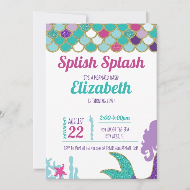 Invitación de cumpleaños a Mermaid Bash Verde azul (Anverso)