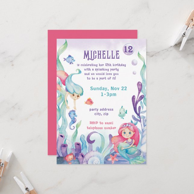 Invitación de cumpleaños a Mermaid Pastel Watercol (Anverso/Reverso In Situ)