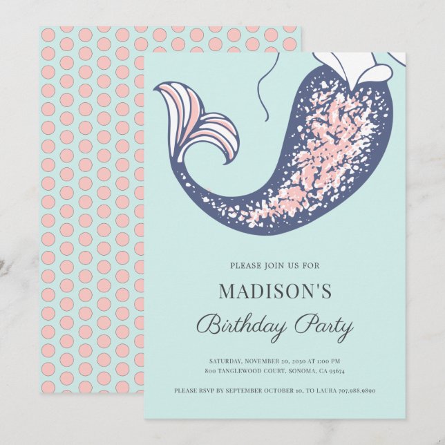 Invitación de cumpleaños a Mermaid Watercolor (Anverso / Reverso)