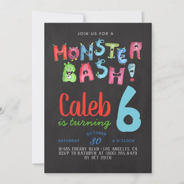 Invitación de cumpleaños a Monster Bash (Anverso)