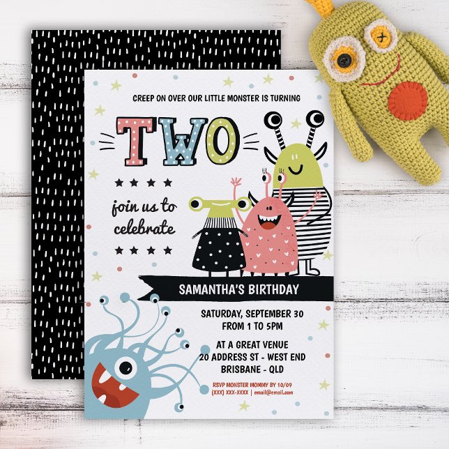 Invitación de cumpleaños a Monster de dos años (Your little one will be in for a monster of a celebration with this creative invitation.)