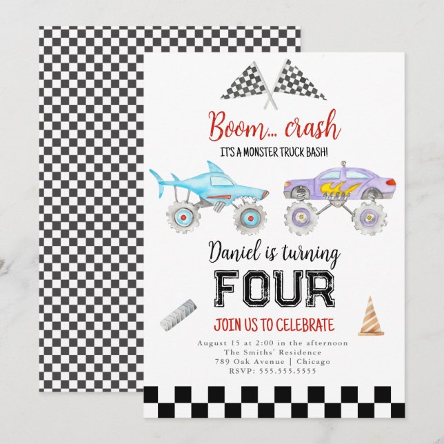 Invitación de cumpleaños a Monster Truck (Anverso / Reverso)
