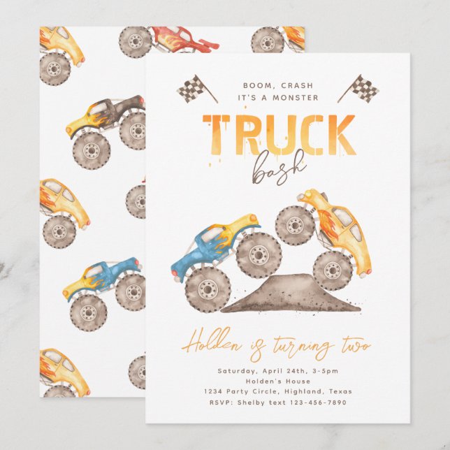 Invitación de cumpleaños a Monster Truck | Camión  (Anverso / Reverso)