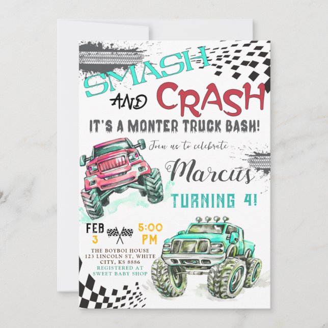 Invitación de cumpleaños a Monster Truck, Camión p (Anverso)
