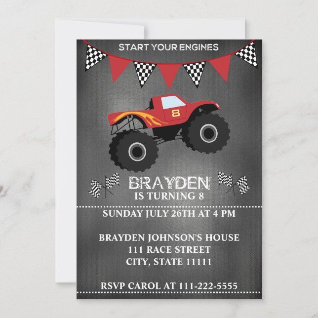 Invitación de cumpleaños a Monster Truck Chalkboar (Anverso)