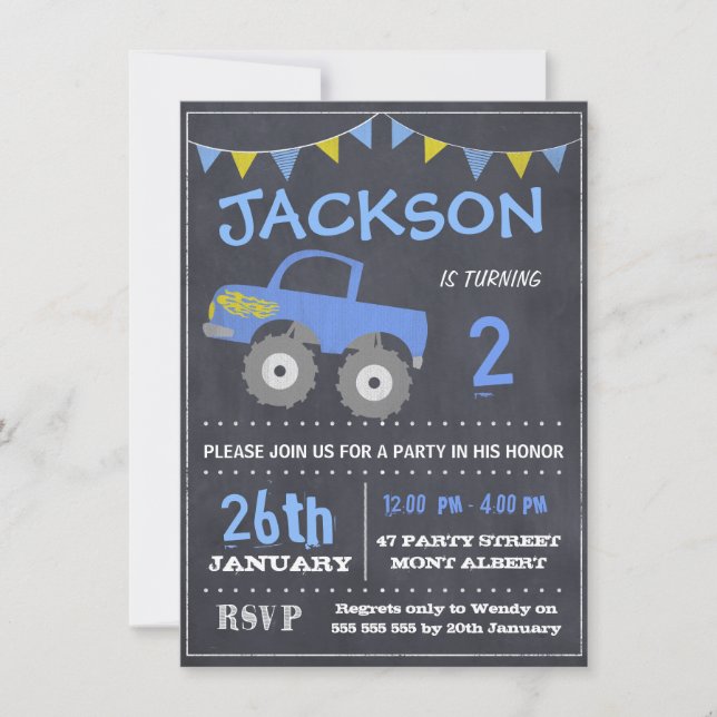 Invitación de cumpleaños a Monster Truck Chalkboar (Anverso)