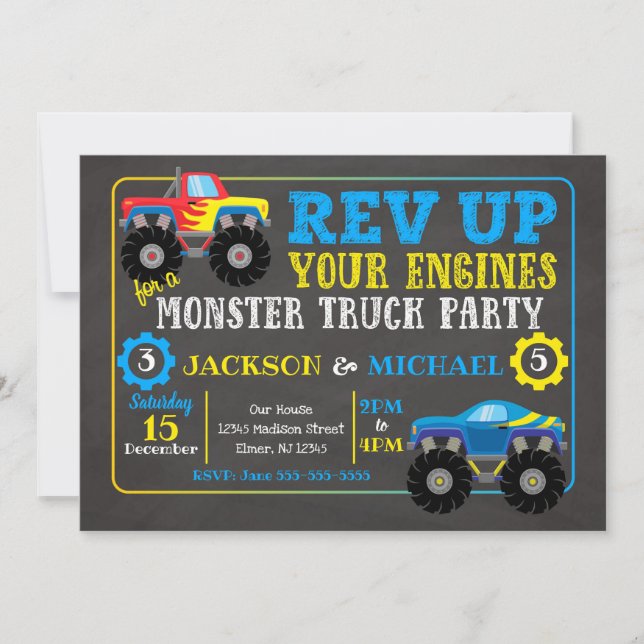 Invitación de cumpleaños a Monster Truck Joint Bir (Anverso)