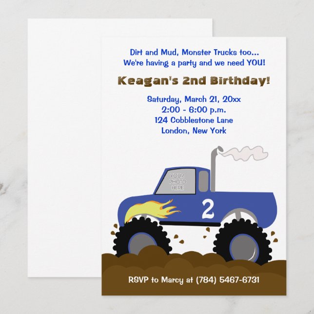 Invitación de cumpleaños a Monster Truck Photo (Az (Anverso / Reverso)
