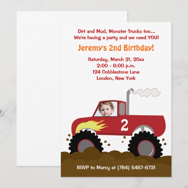 Invitación de cumpleaños a Monster Truck Photo (ro (Anverso / Reverso)