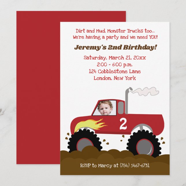 Invitación de cumpleaños a Monster Truck rojo con  (Anverso / Reverso)
